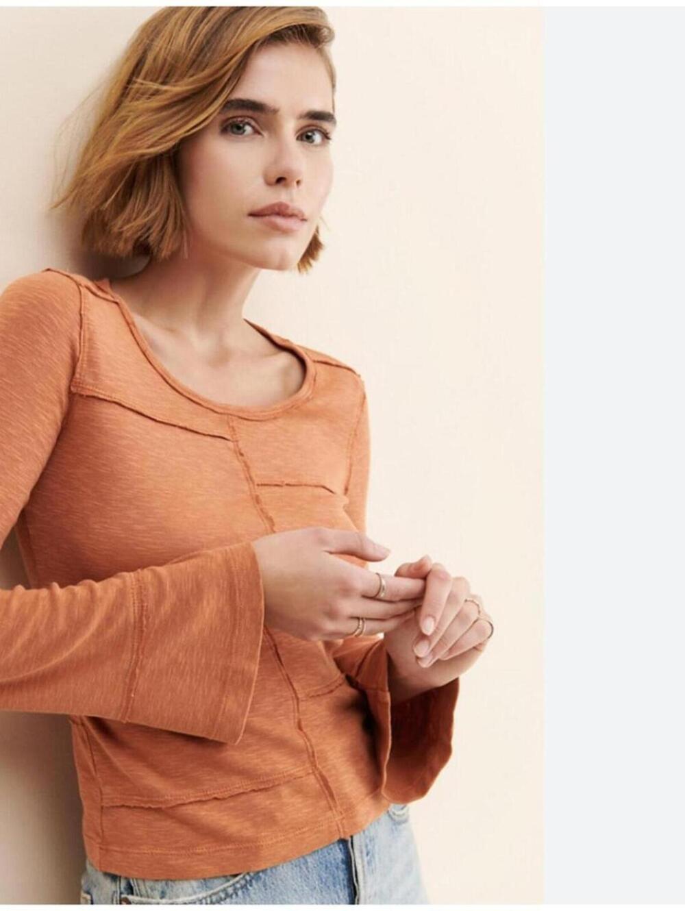 Pilcro Anthropologie Bell‎ Sleeve Top Womens L Rust Orange Boho Seamed Blouse